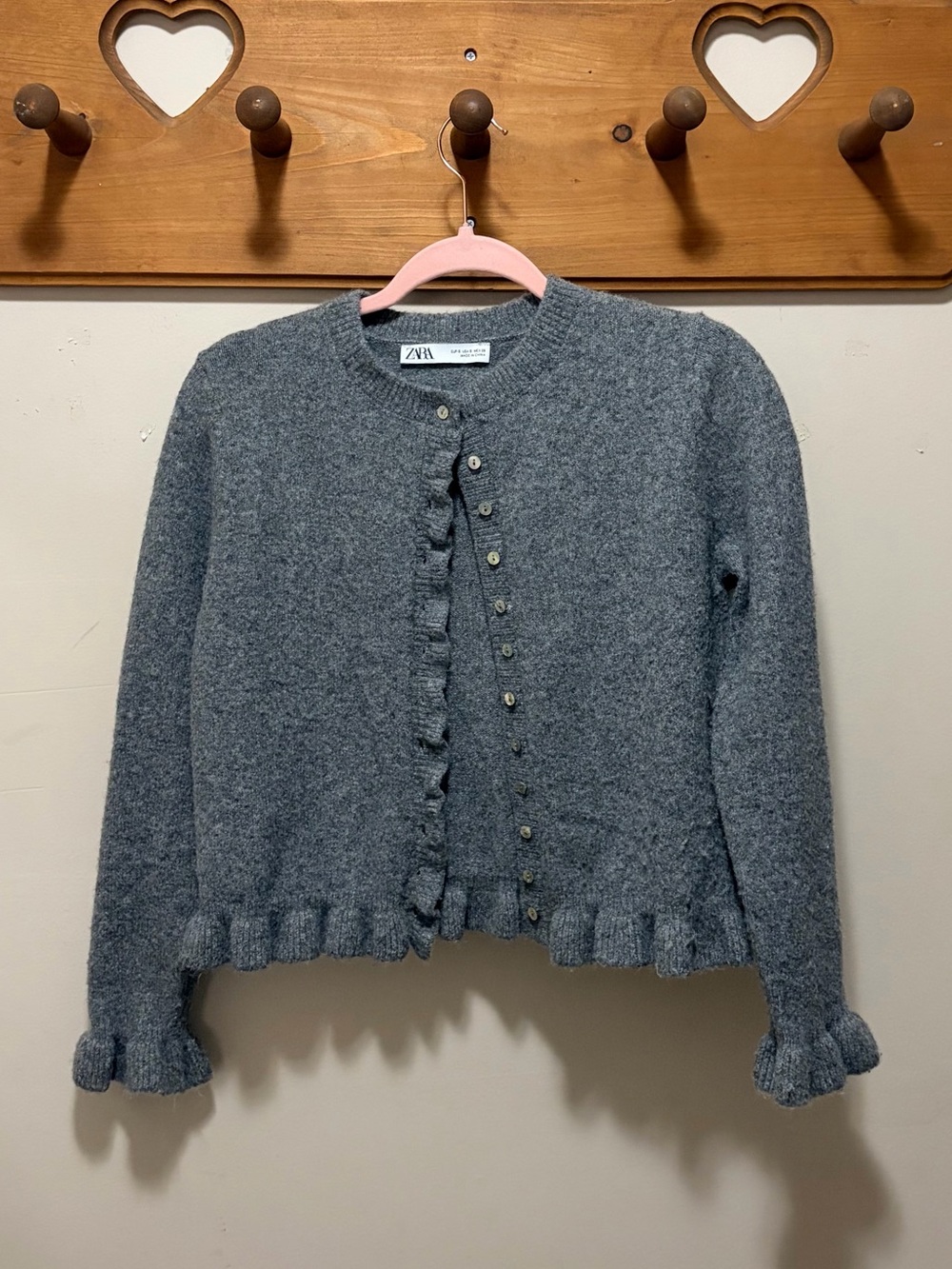 Zara Gray Ruffle Trim Button Front Cardigan Sweater Wool Blend Size S